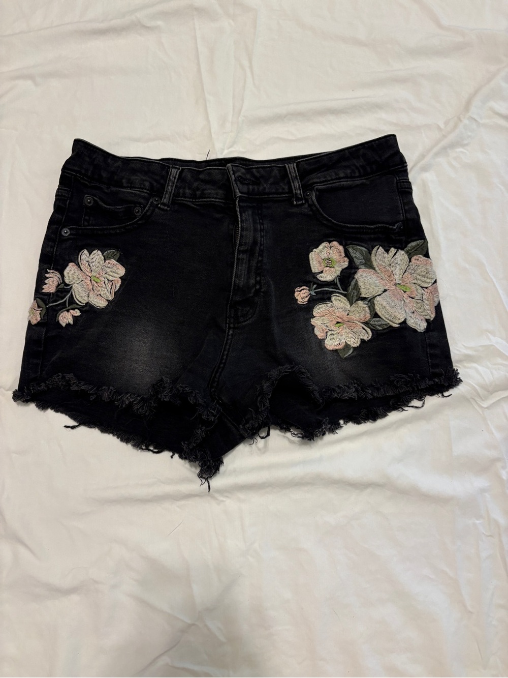 Aeropostale Black Denim Shorts with Pink Floral Embroidery